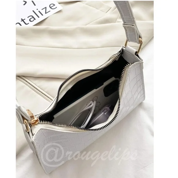 Reptile Pattern PU Leather White Baguette Handbag - Picture 5 of 7